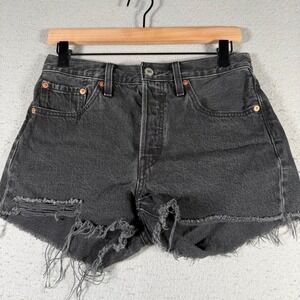 Levis Distressed High Rise Denim Shorts Faded Black Button Fly W27 Cut Offs